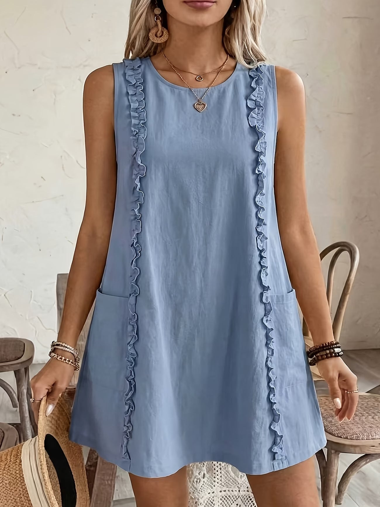 Women's Solid-Color Ruffle-Trimmed Dress 