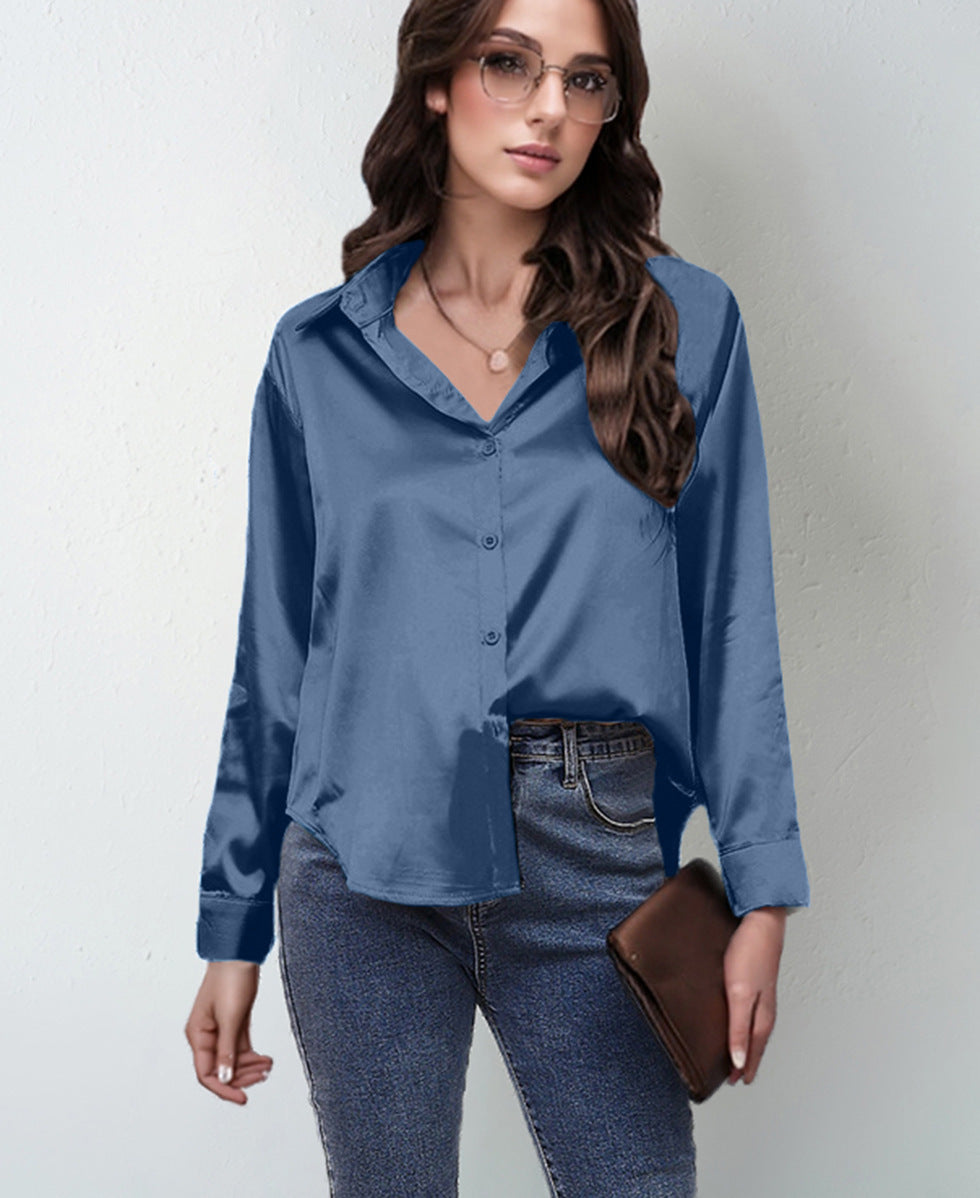Women’s Satin Lapel Button-Down Blouse 
