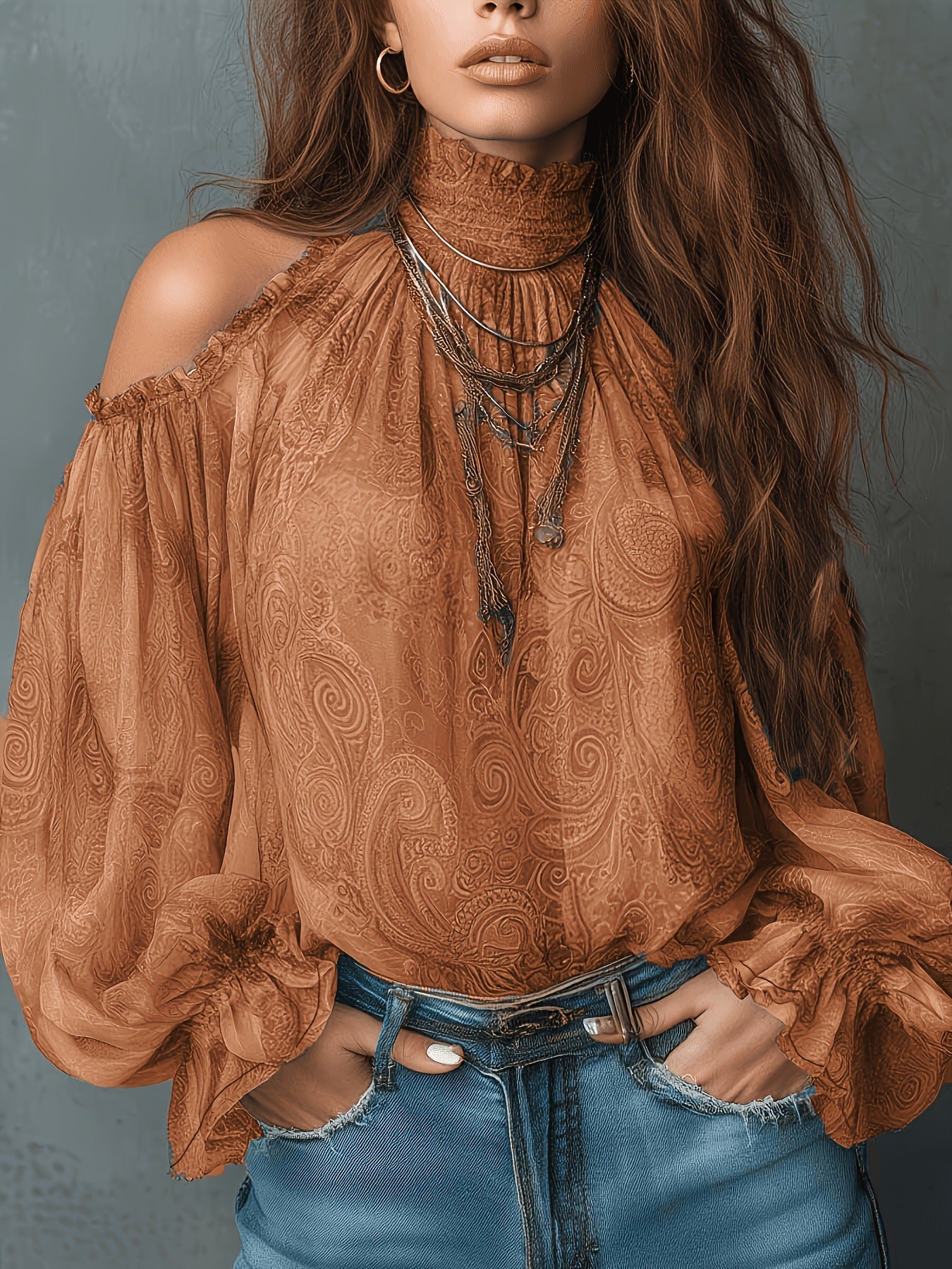 Retro Cashew-print High-neck Off-shoulder Chiffon Blouse 