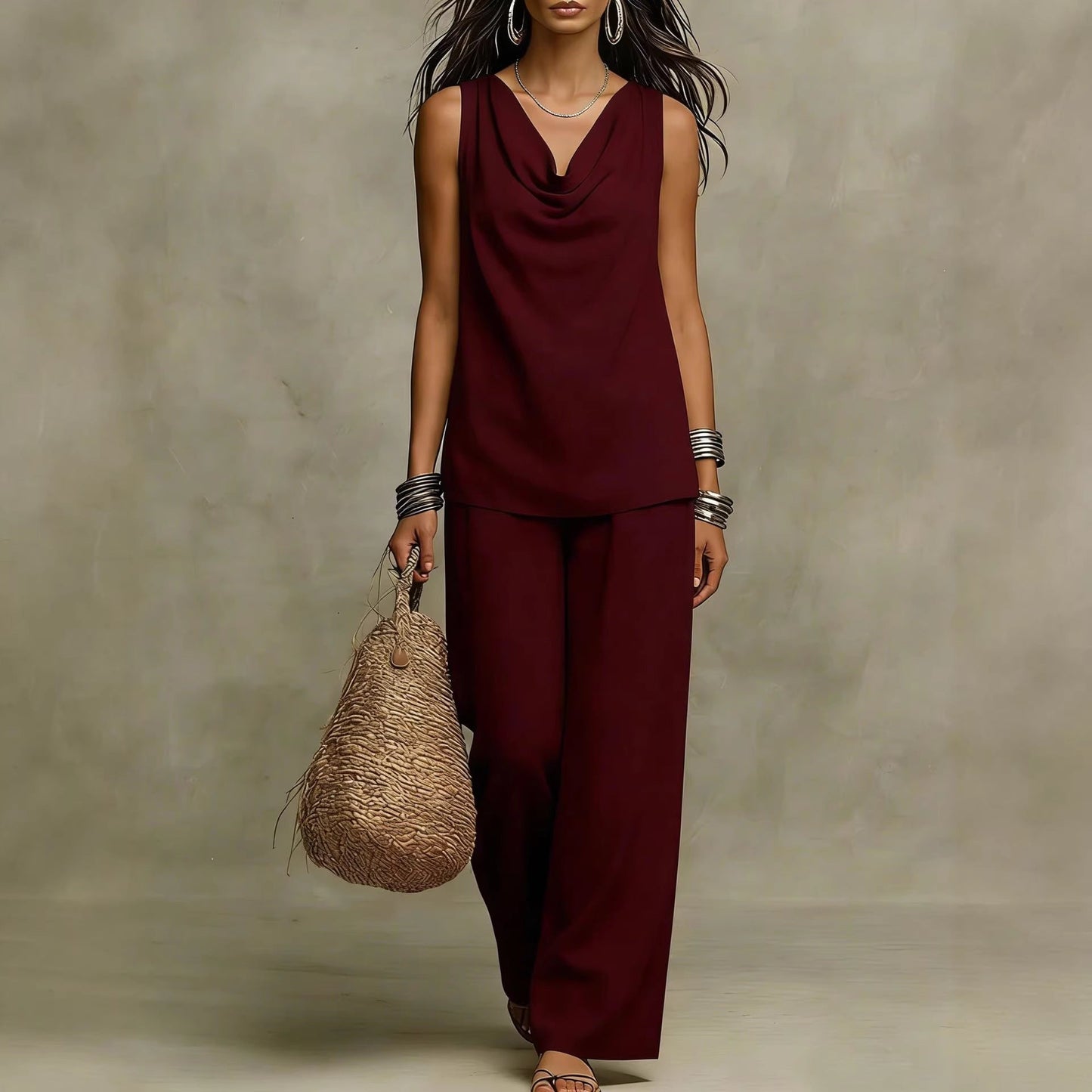 Womens Slash-Neck Sleeveless Tank Top And Casual Pants Set 