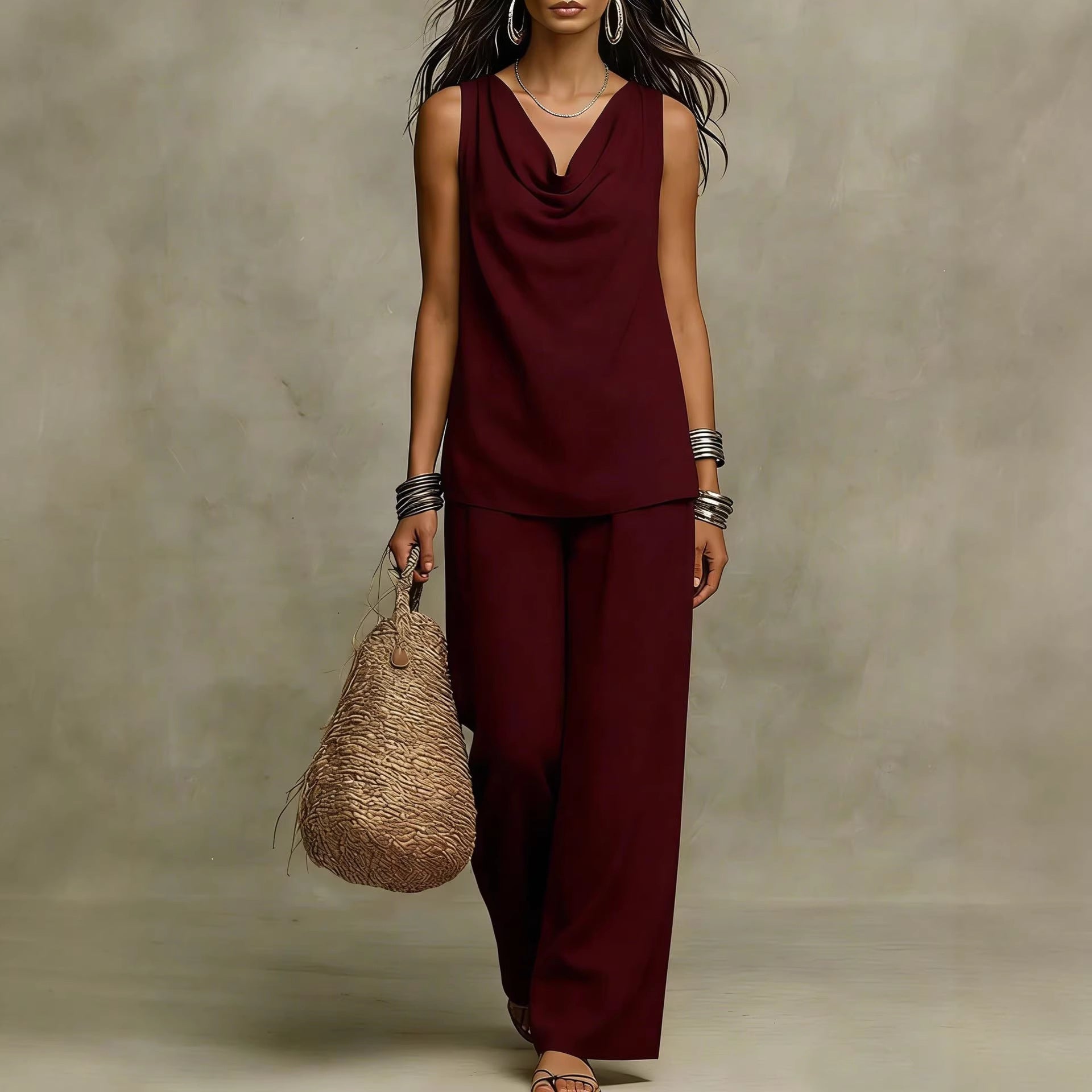 Womens Slash-Neck Sleeveless Tank Top And Casual Pants Set 