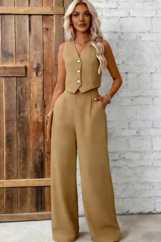 Womens Fashion Plus-Size Buttoned Vest Set 