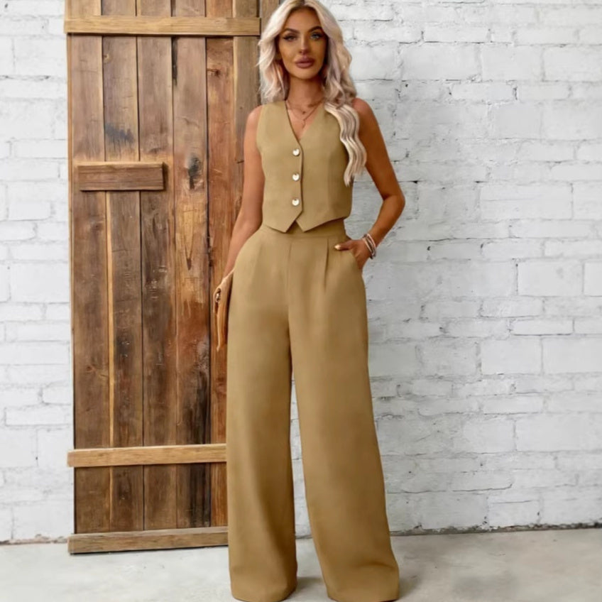Womens Fashion Plus-Size Buttoned Vest Set 