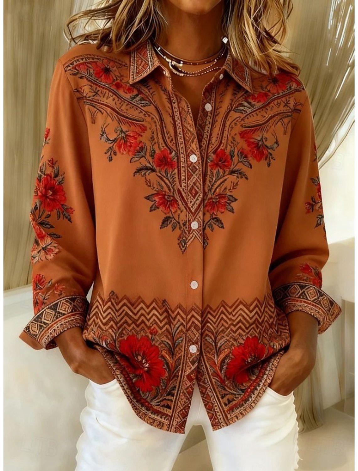 Womens Loose-Fitting Long-Sleeve Lapel-Neck Printed Shirt 