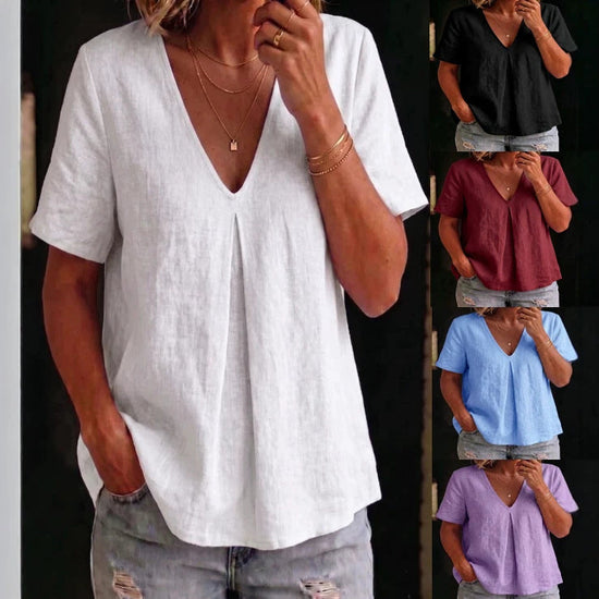 Women's Solid-Color Pleated Cotton-Linen Short-Sleeve Shirt T-Shirt 
