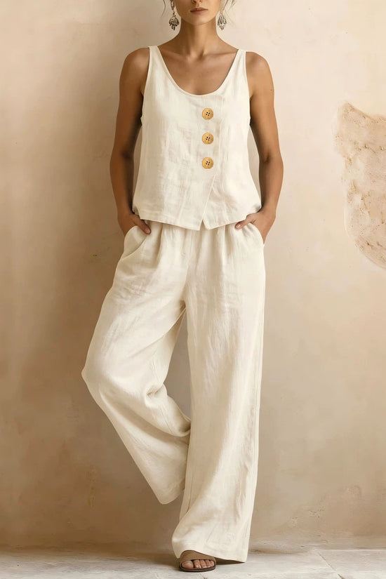 Women's Cotton Linen Sleeveless Tank Top & Pants Two-Piece Set 