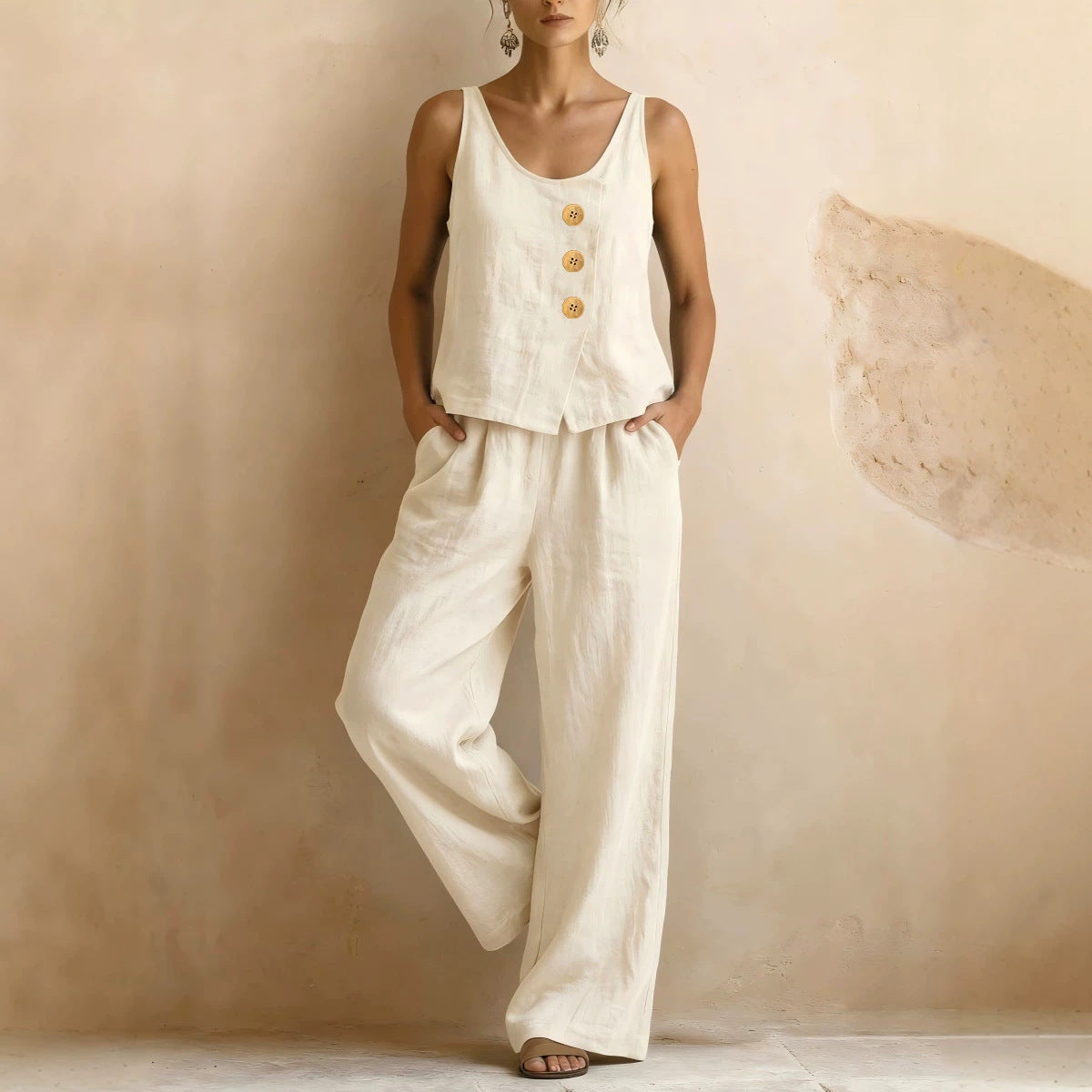 Women's Cotton Linen Sleeveless Tank Top & Pants Two-Piece Set 