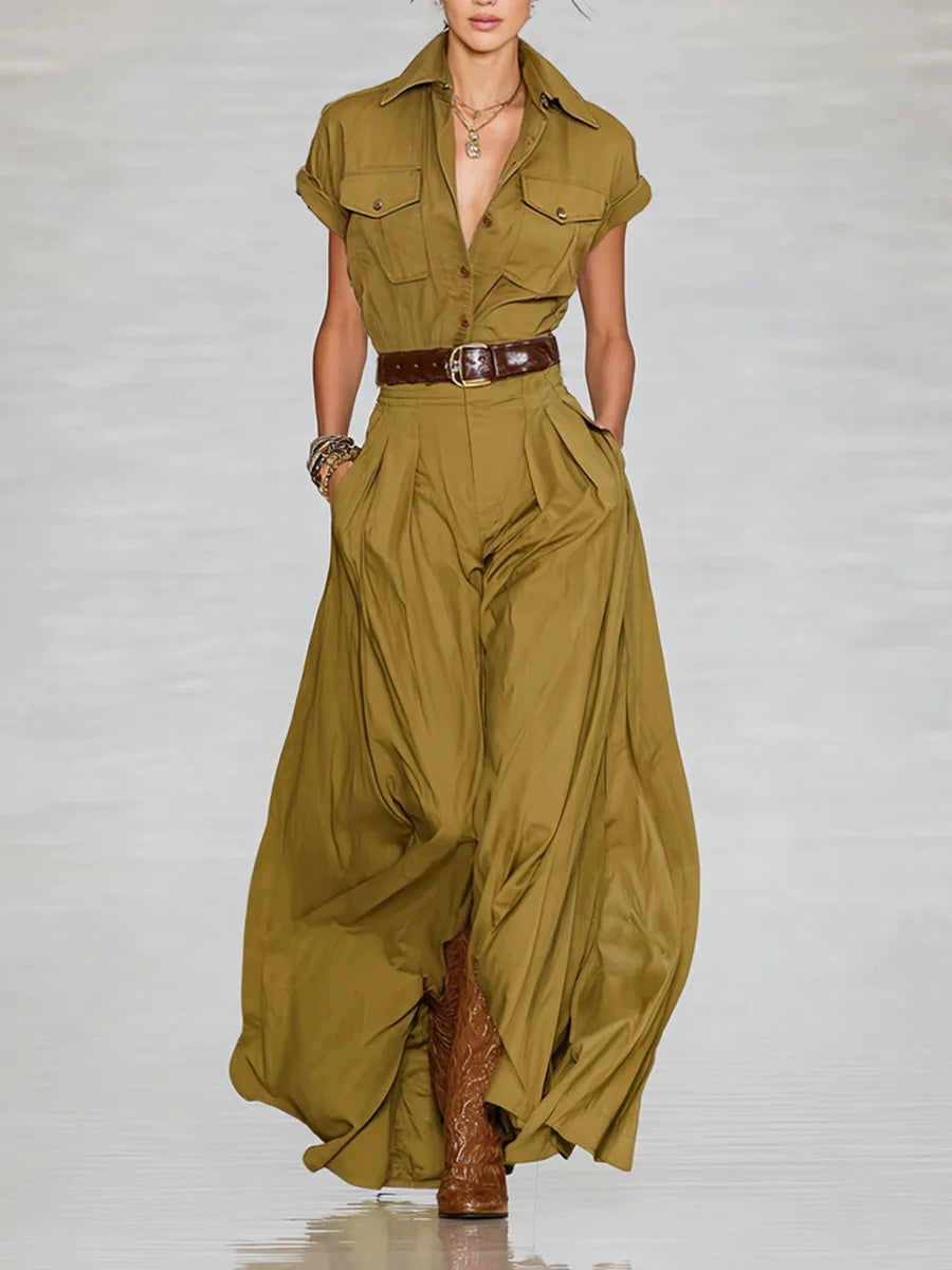 Short-sleeve Shirt-style Long Dress With Pockets 