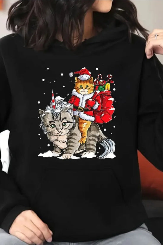 Women Plus Size Hoodie Christmas Cat Riding Big Cat Print Sweatshirt Long Sleeve Hoodie Drawstring CJ US