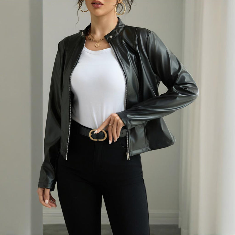 Women's Solid Color Long Sleeve Stand Collar Faux Leather Blazer CJ US