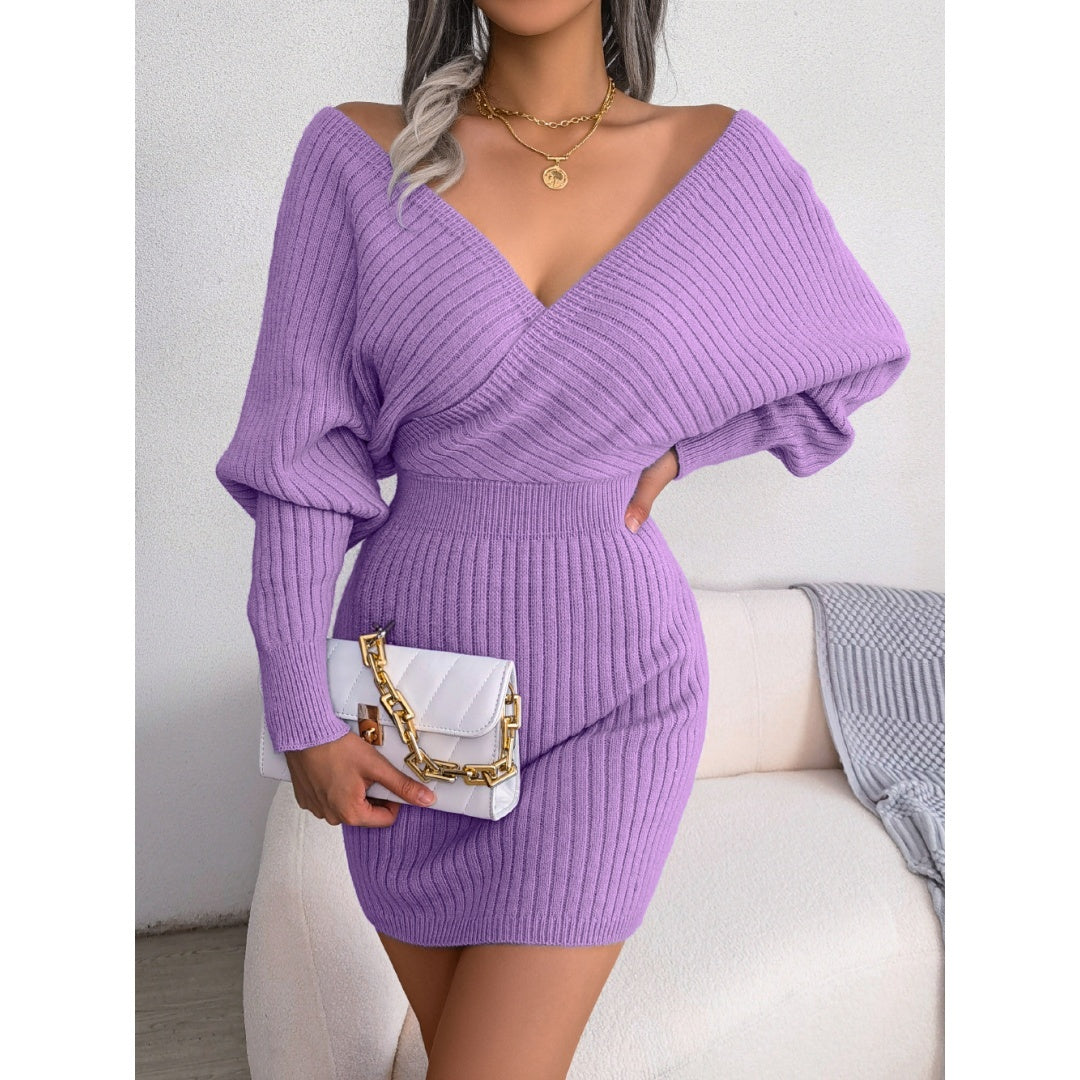 2025 Autumn-Winter Sexy Cross V-neck Bat Skirt With Hip Wrapping, Hairy Dress CJ US