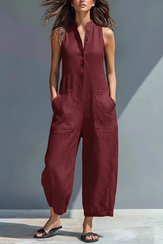 Casual Womens Buttoned Stand Collar Sleeveless Loose Jumpsuit 