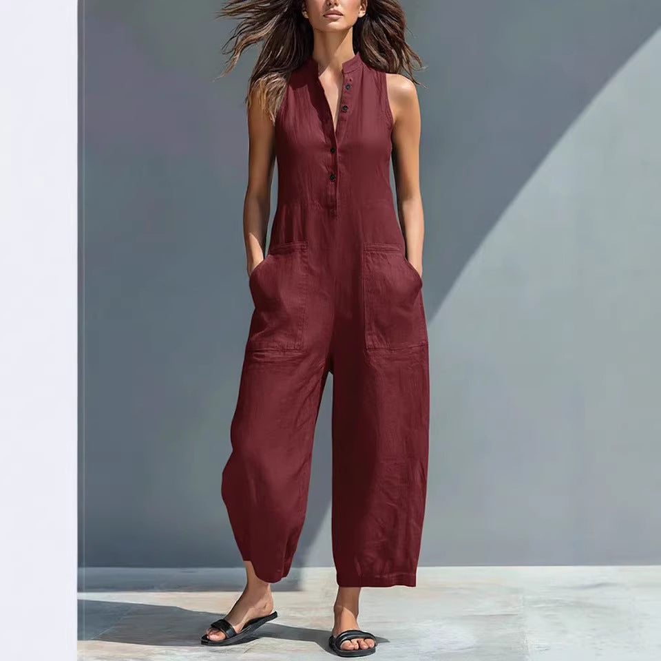 Casual Womens Buttoned Stand Collar Sleeveless Loose Jumpsuit 