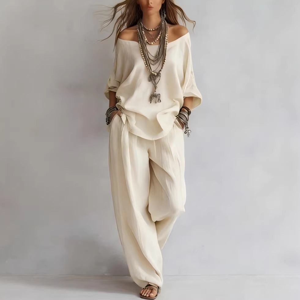 Chiffon Puff-Sleeve Top & Wide-Leg Pants Set – 15 Colors 