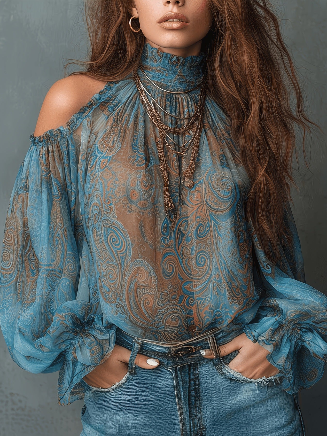 Retro Cashew-print High-neck Off-shoulder Chiffon Blouse 