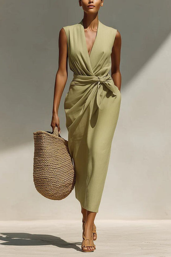 Solid-color Sleeveless Cotton-linen Feel Midi Dress 