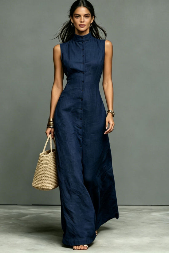 Blended Fabric Stand-up Collar Single-breasted Sleeveless Maxi Dress 