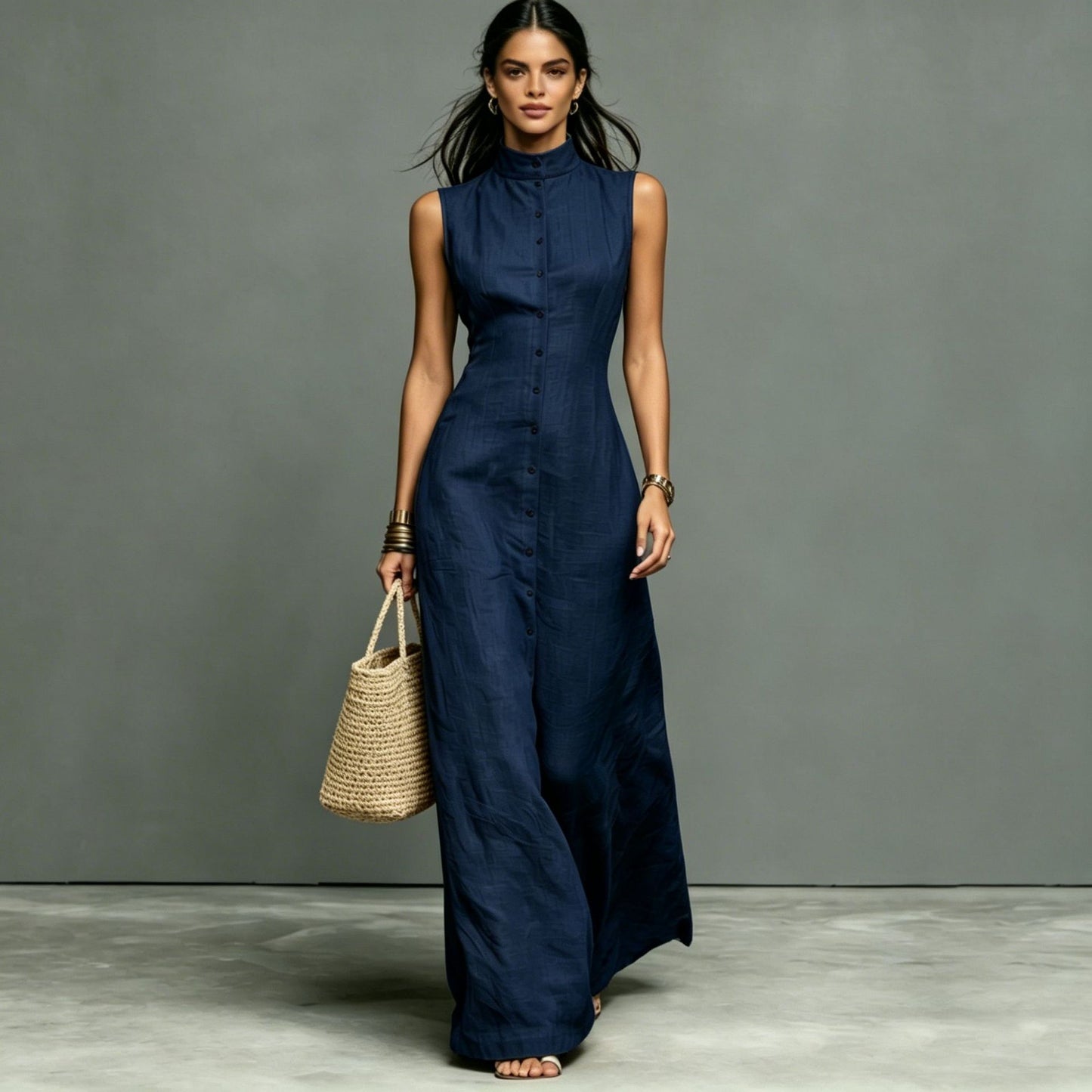 Blended Fabric Stand-up Collar Single-breasted Sleeveless Maxi Dress 