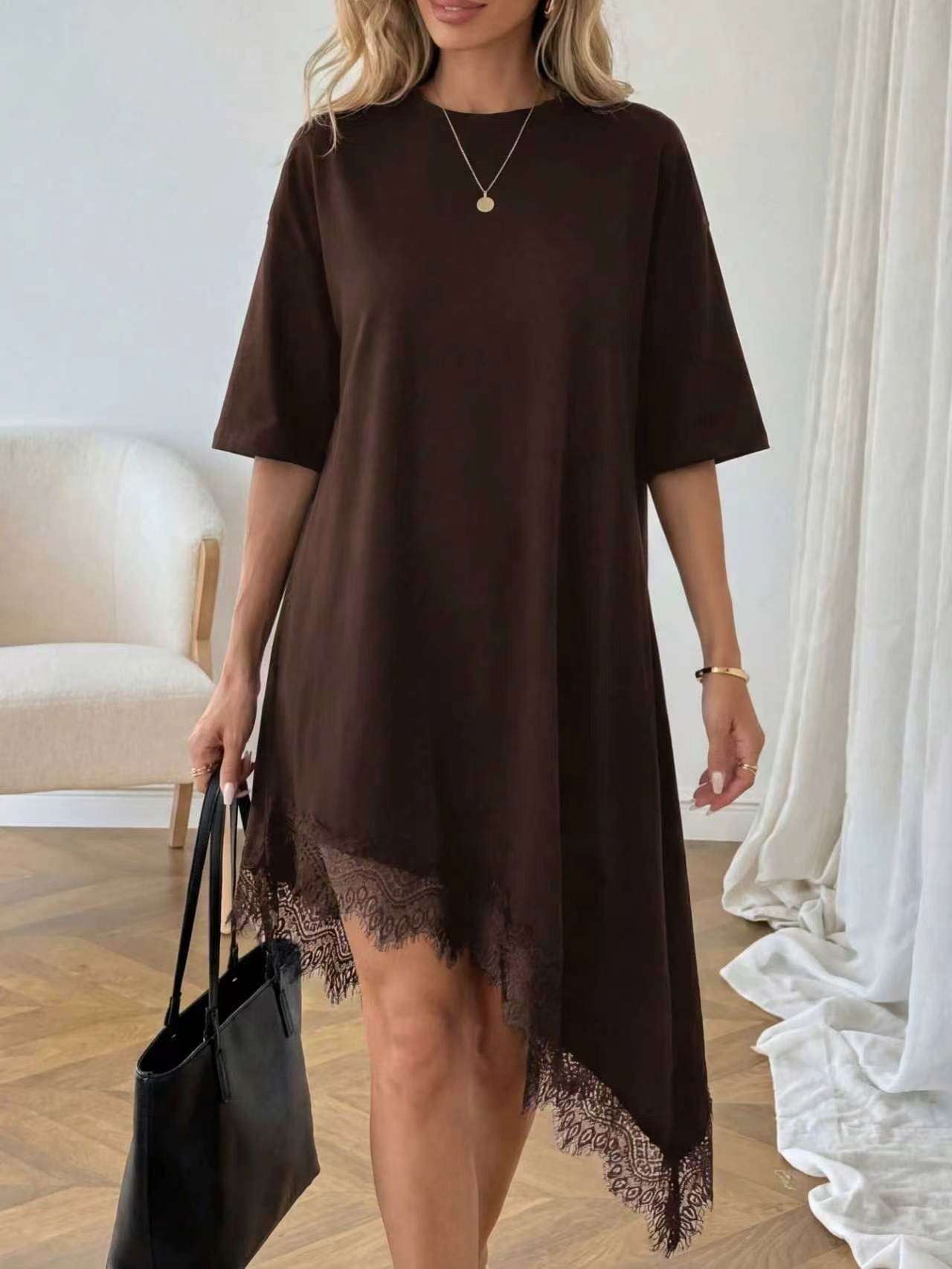 Women's Casual Solid Color Sexy Lace Trim Dress 