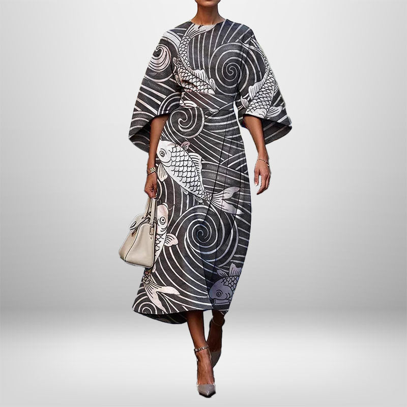 Women's Elegant Fashion Print Round Neck Long Dress 