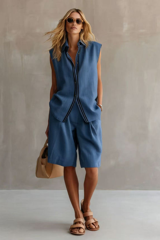 Single-breasted Sleeveless Linen Shirt And Shorts Set 