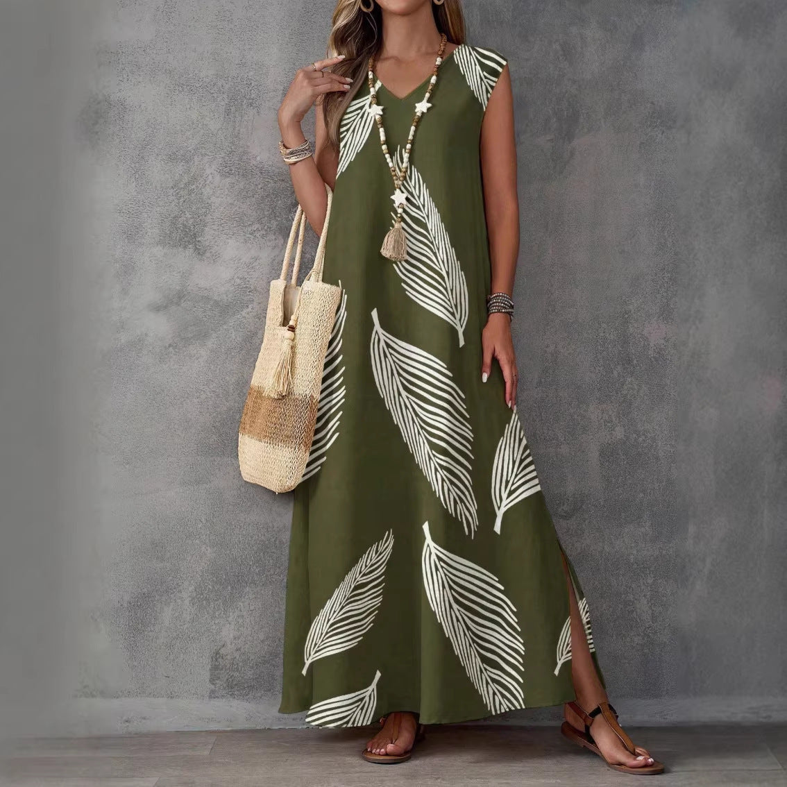 Summer Vacation Style Casual Printed V-Neck Dress 