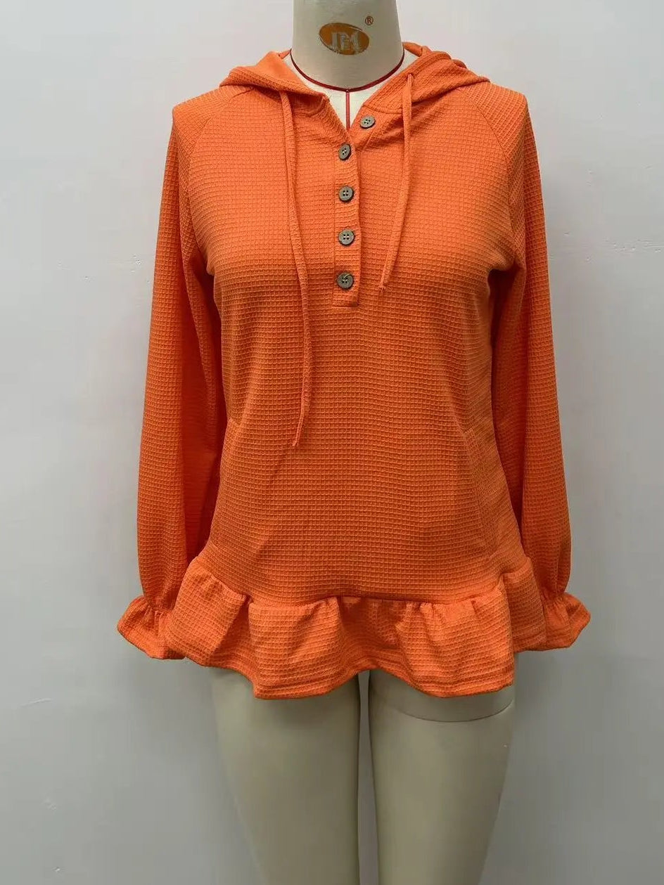 Women's Hooded Button-Neck Ruffle-Hem Mini Dress 