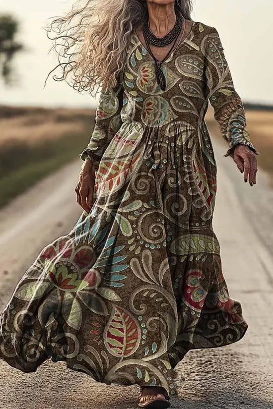 Personalized Retro Chic V-Neck Long-Sleeve Dress 