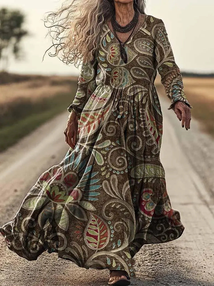Personalized Retro Chic V-Neck Long-Sleeve Dress 