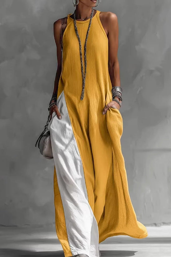Sleeveless Loose Contrast Color Casual Off Shoulder Dress With Pockets 