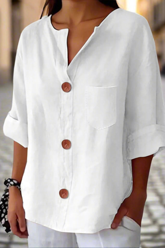 New Style Loose T-shirt For Women With V-neck, Made Of Cotton And Linen, Buttoned Top. CJ US