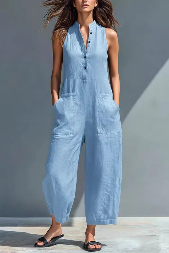 Casual Womens Buttoned Stand Collar Sleeveless Loose Jumpsuit 