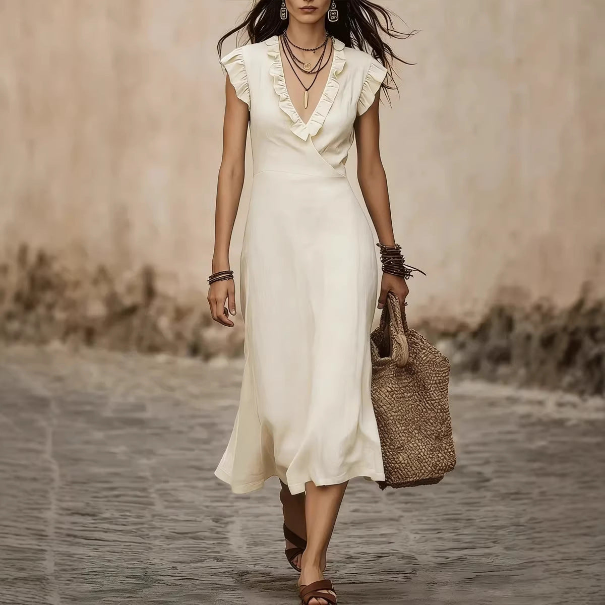 V-neck Cotton-Linen Flutter Sleeve Ruffle-trimmed Midi Dress For Women 