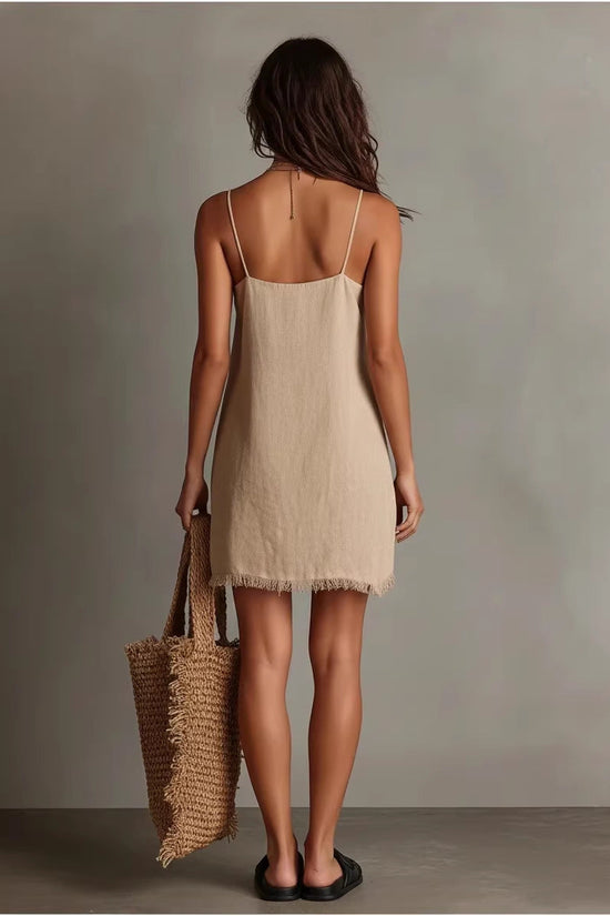 Womens V-neck Slip Mini Dress With Fringe Trim 