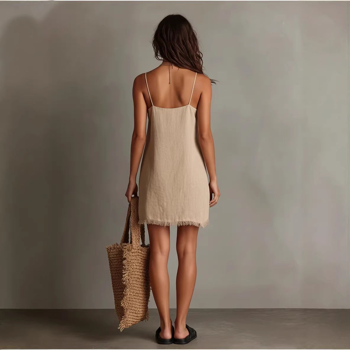 Womens V-neck Slip Mini Dress With Fringe Trim 