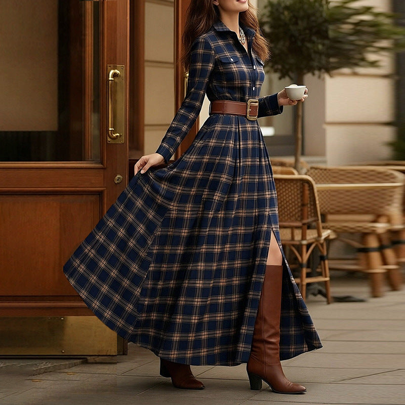 Elegant Commuter Printed Lapel Slim-Fit Dress 