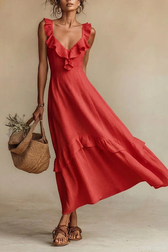 Elegant And Chic Cotton-Linen Dress With Ruffled Flutter Sleeves And A Flowing Hem 