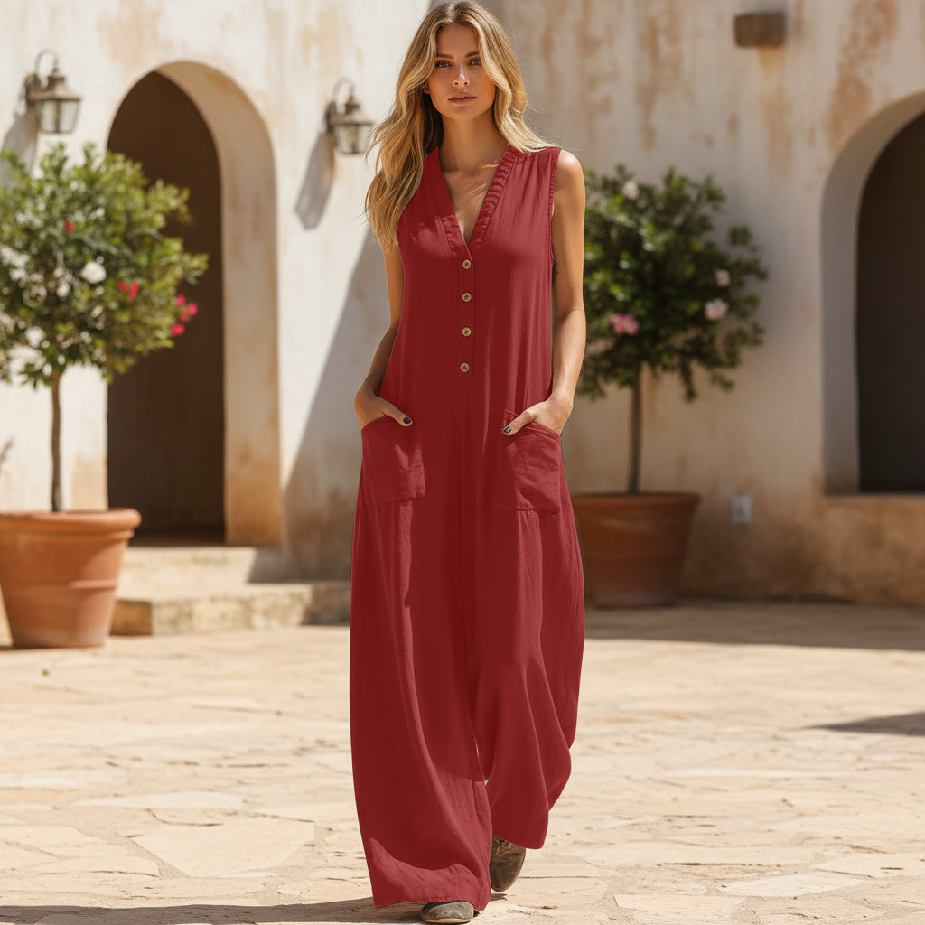 Womens Casual Linen-Cotton Sleeveless Jumpsuit With Two Pocket Straps 