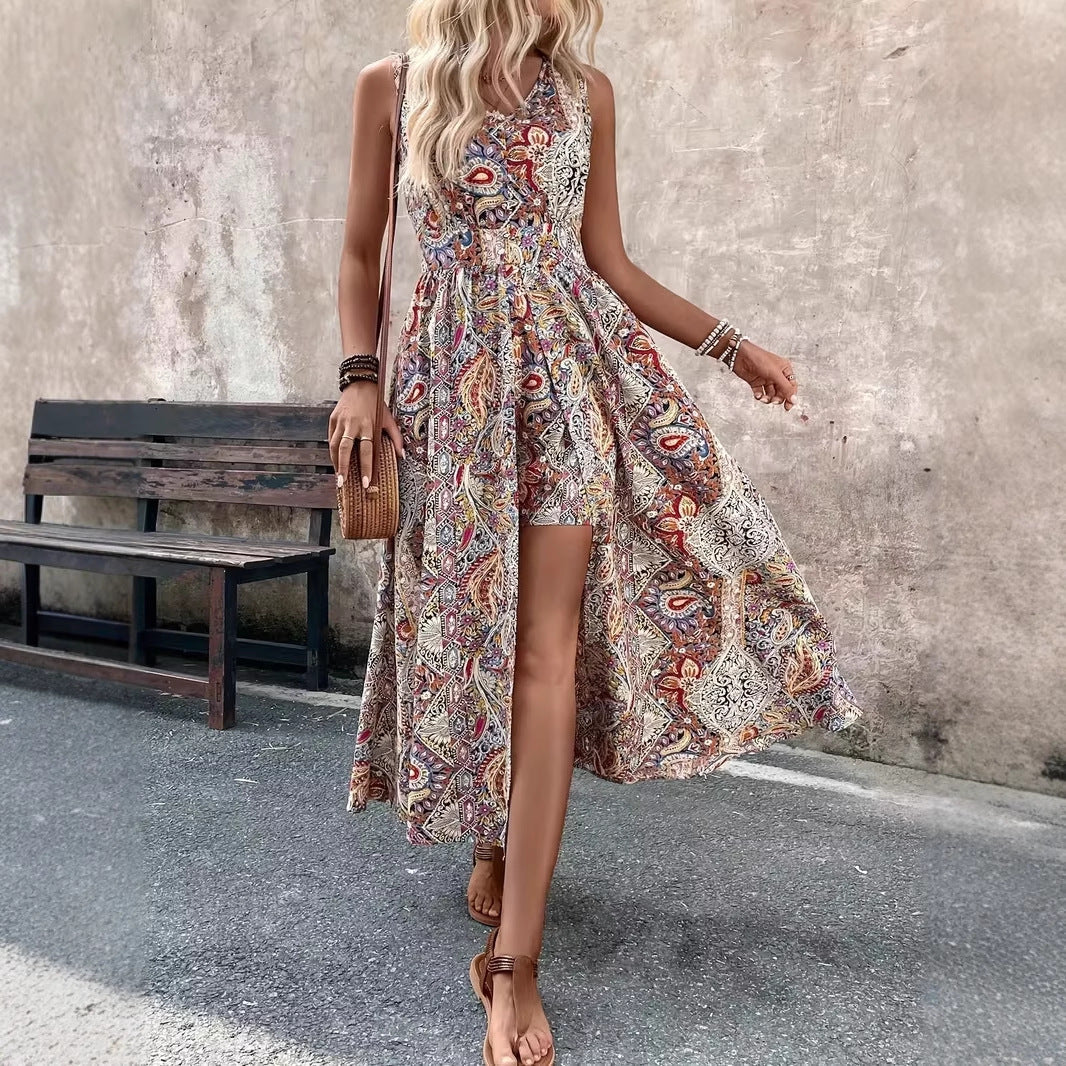 Summer Vacation Casual Chic Fashion Womens Printed V-Neck Sleeveless Jumpsuit 