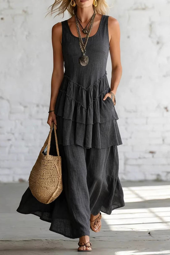 Cotton-linen Loose-fit Maxi Dress With A Sleeveless Design 