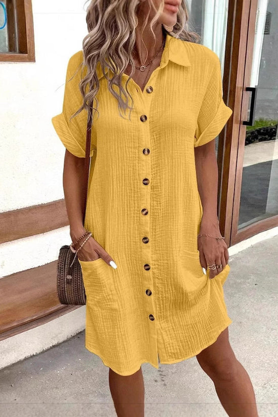 Casual Solid-Color Single-Breasted Mid-Length Short-Sleeve Dress 