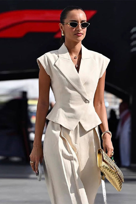 Beige Elegant Sleeveless Waist-Cinching Suit Set 