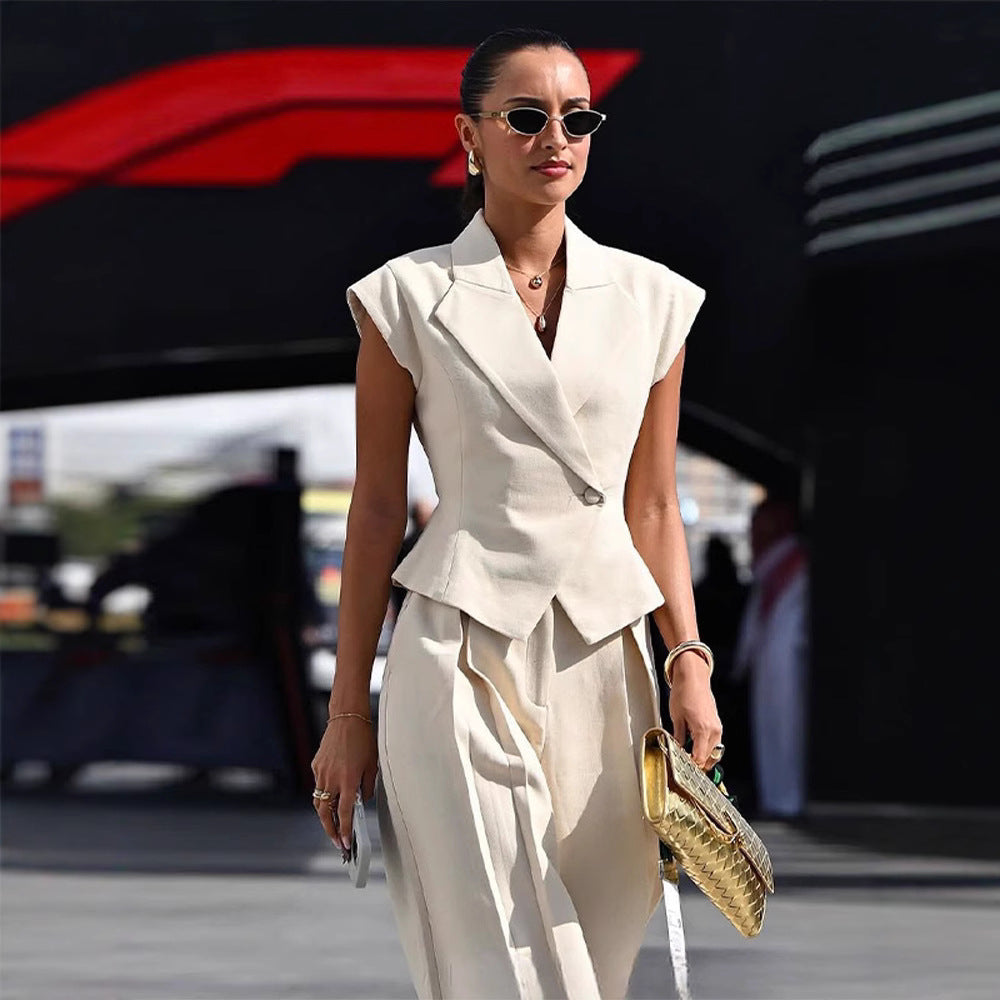 Beige Elegant Sleeveless Waist-Cinching Suit Set 