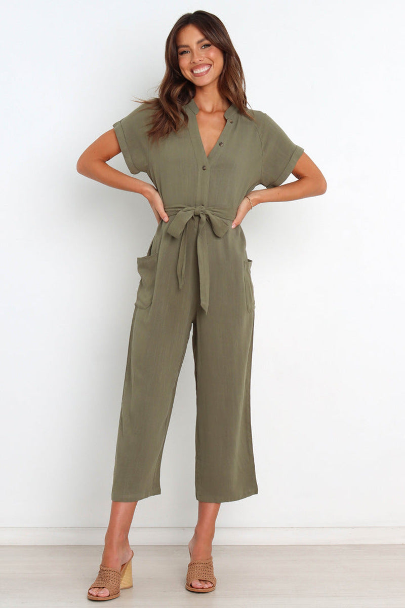 V-neck Cropped Wide-leg Jumpsuit For Women 