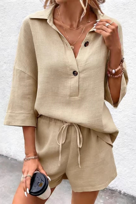 Notch-lapel Short-sleeve Belted Shorts Casual Set 
