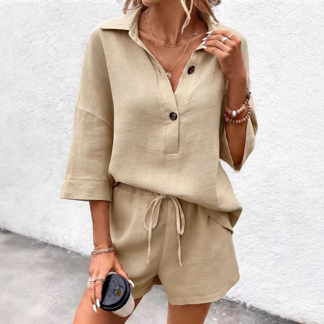 Notch-lapel Short-sleeve Belted Shorts Casual Set 