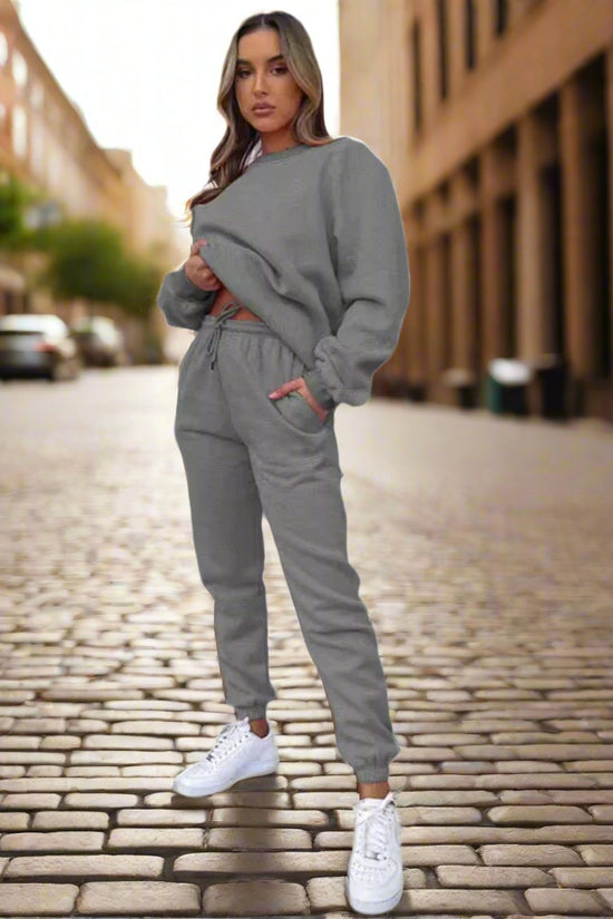 👚 Women's Solid Color Round Neck Pullover Sweatshirt & Pants Set FitiqueFit