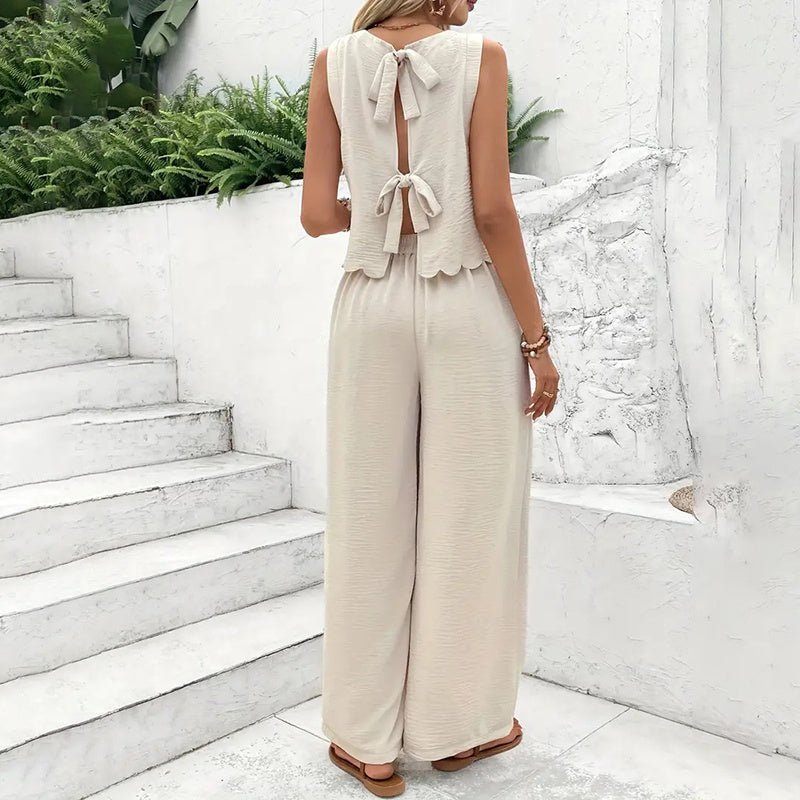 Elegant 2-Piece Matching Set, Sleeveless Crop Top And Wide Leg Pants Outfits CJ