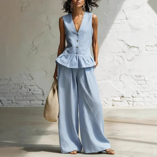 Retro Bohemian Style Ruffled Cotton-Linen Two-Piece Set 