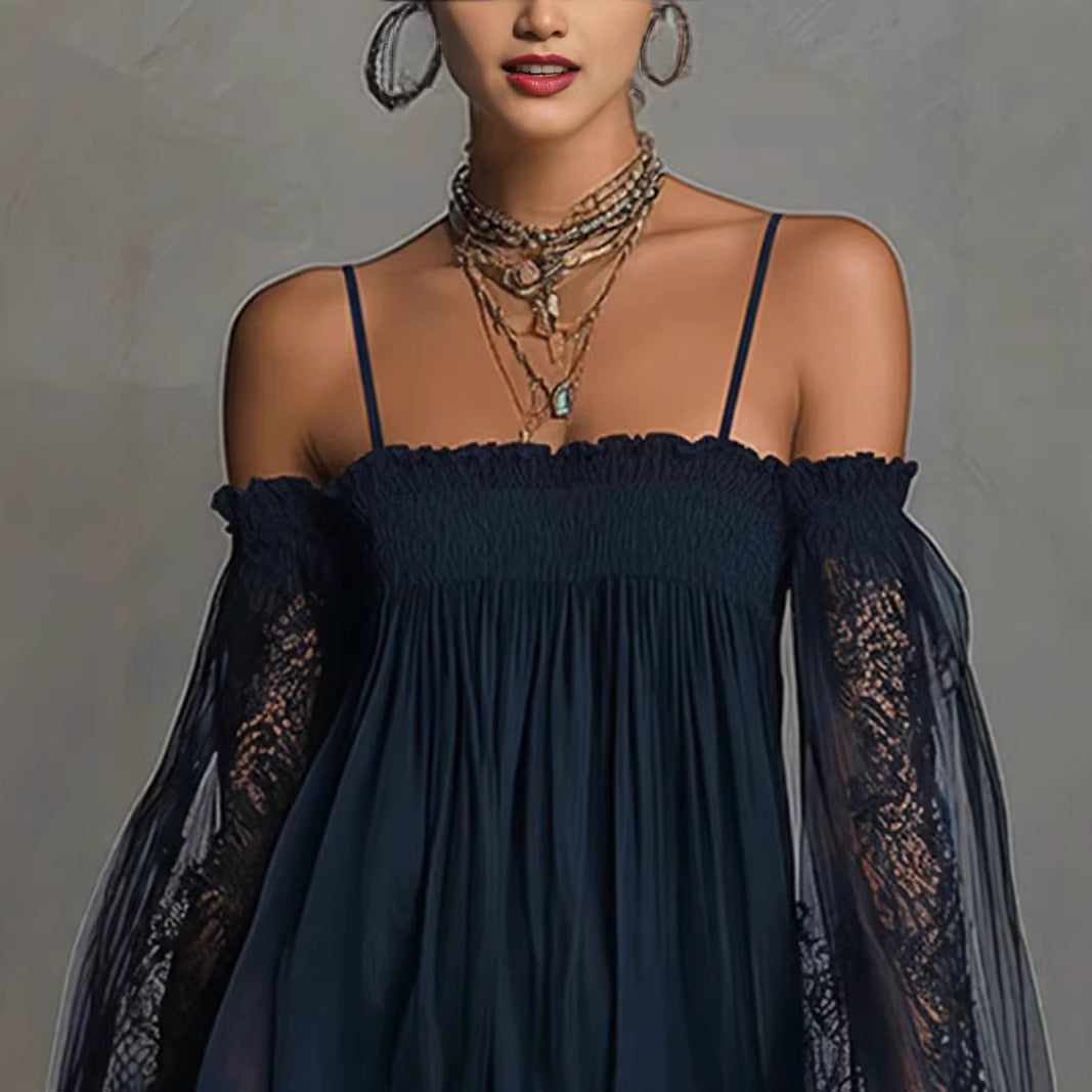Long-sleeve Slip Dress In Solid Color With A Stretchy Boat Neck And Lace Detailing 